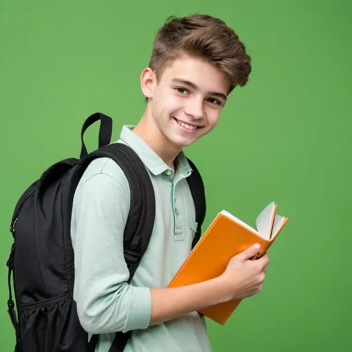 Prompt: Prompt


create a smiling teenager, the teenager carries a black backpack on his back, the teenager holds a notebook. Behind the teenager there is green background