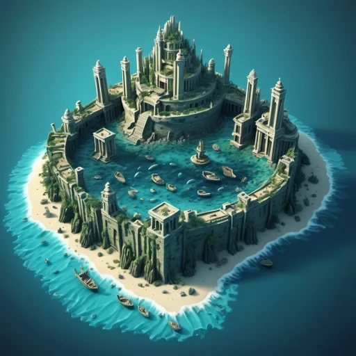 Prompt: miniature isometric world render, Lost city of Atlantis, chaotic ocean, detailed