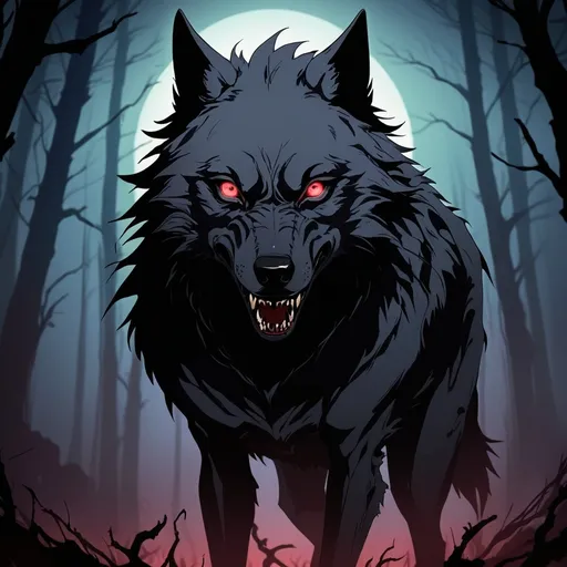 Prompt: 2d dark j horror anime style, wolf, more creative, dark fantasy theme