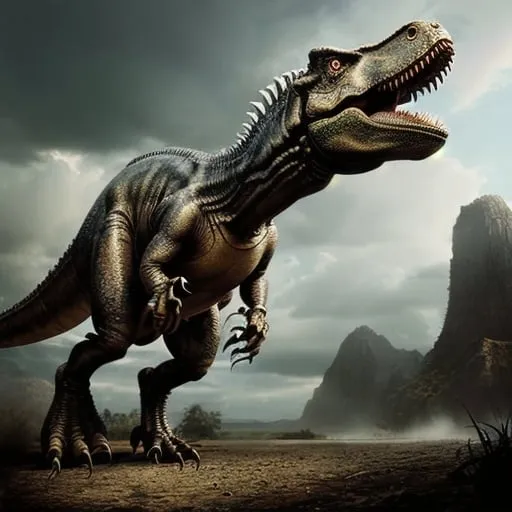 Prompt: ((CG Art Style)), Tyrannosaurus Rex, Dark Fantasy Theme, Jurassic Period, More Creative, Wide Angle View, Cowboy Shot