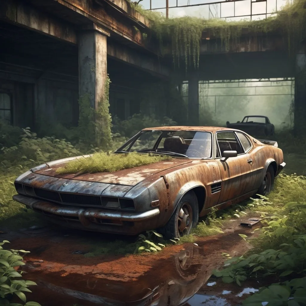 Prompt: Cinematic illustration of a rusted, abandoned luxury sports car, post-apocalyptic setting, motor oil theme, rusty and decaying body, overgrown with wild foliage, dramatic lighting, high quality, cinematic style, post-apocalyptic, rusted details, overgrown, dramatic lighting, motor oil theme