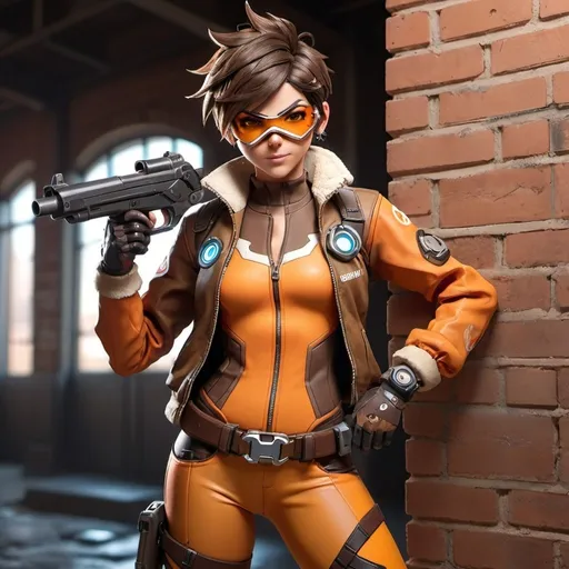 Prompt: Anime cyberpunk style, Tracer from Overwatch, standing against a brick wall with arms at sides, wearing a brown bomber jacket, holding a gun, with brown hair, orange bodysuit, and goggles, in a cowboy shot pose, perfect for a dynamic, action-packed render.