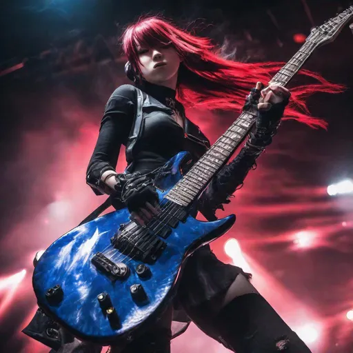 Prompt: Anime Girl, Metal Guitarist, heavy metal outfit, black, red, true blue, mythology, metal, Affinity Photo, concert photography, captured with long exposure photography Nikon D850 DSLR camera f/4. ISO 200