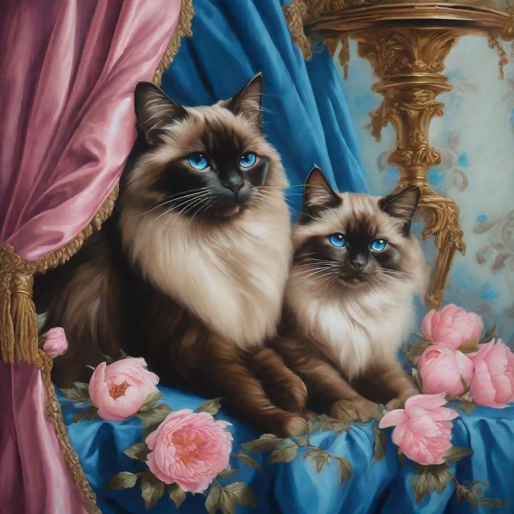 Prompt: Beautiful oil painting of a dark brown Birman three baby kittens, with mother licking one,  luxurious Rococo-style portrait, pink peony flowers in vase, detailed fur, exquisite facial features, intricate oil painting, high-res, portrait style, Rococo era, luxurious blue curtains, soft lighting, detailed eyes, ornate blue background, professional.