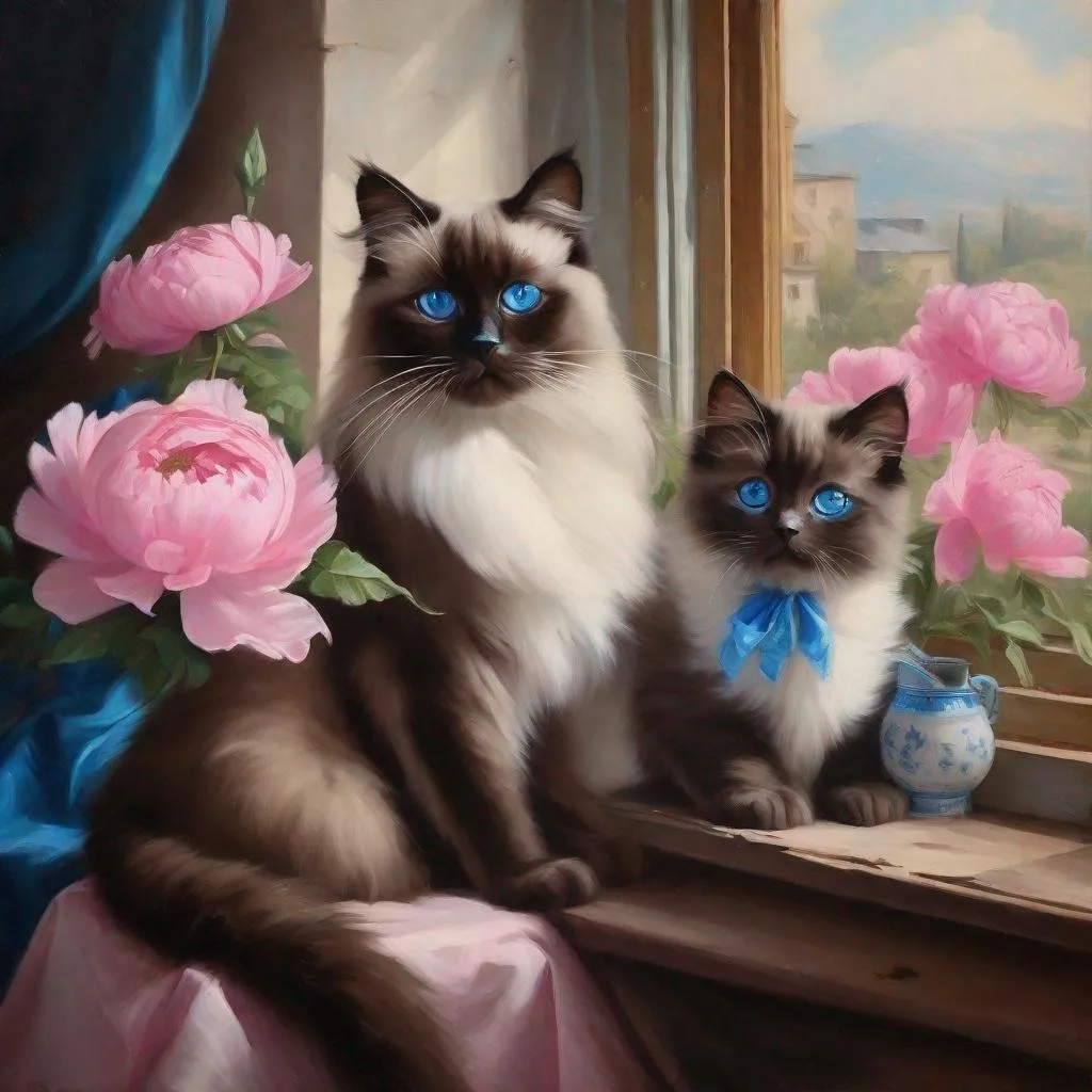 Prompt: Beautiful dark brown Birman blue eyes mother cat with three tiny kittens dark brown with blue eyes sitting in the window next to pink peony flowers looking outside in the style of Rococo era portrait , oil painting, luxurious curtins.