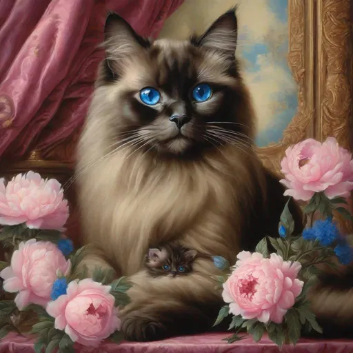 Prompt: Beautiful oil painting of a dark brown Birman mother cat with blue eyes and three tiny kittens, luxurious Rococo-style portrait, pink peony flowers,   detailed fur, exquisite facial features, intricate oil painting, high-res, portrait style, Rococo era, luxurious curtains, soft lighting, detailed eyes, ornate background, professional, warm tones