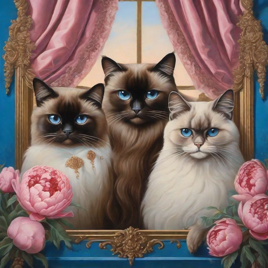 Prompt: Beautiful oil painting of a dark brown Birman three tiny kittens, luxurious Rococo-style portrait, pink peony flowers, ornate window setting, detailed fur, exquisite facial features, intricate oil painting, high-res, portrait style, Rococo era, luxurious curtains, soft lighting, detailed eyes, ornate blue background, professional.