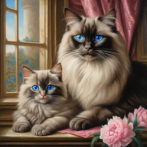 Prompt: Beautiful oil painting of a dark brown Birman mother cat with blue eyes and three tiny kittens, luxurious Rococo-style portrait, pink peony flowers, ornate window setting, detailed fur, exquisite facial features, intricate oil painting, high-res, portrait style, Rococo era, luxurious curtains, soft lighting, detailed eyes, ornate background, professional, warm tones