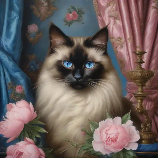 Prompt: Beautiful oil painting of a dark brown Birman mother cat with blue eyes and three tiny kittens, luxurious Rococo-style portrait, pink peony flowers in vase, detailed fur, exquisite facial features, intricate oil painting, high-res, portrait style, Rococo era, luxurious curtains, soft lighting, detailed eyes.