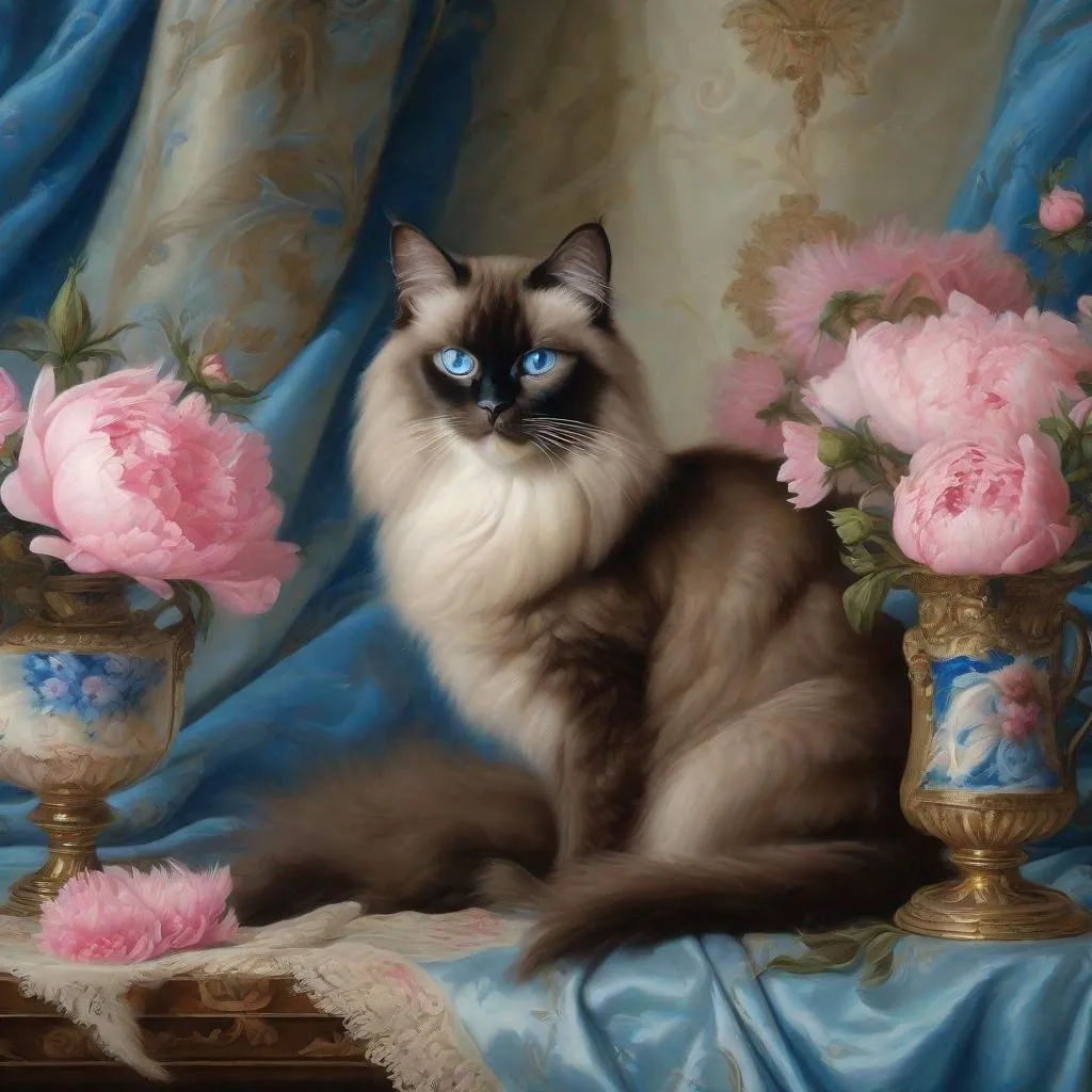 Prompt: Beautiful oil painting of a dark brown Birman mother cat with blue eyes and three tiny kittens, luxurious Rococo-style portrait, pink peony flowers in vase, detailed fur, exquisite facial features, intricate oil painting, high-res, portrait style, Rococo era, luxurious curtains, soft lighting, detailed eyes.