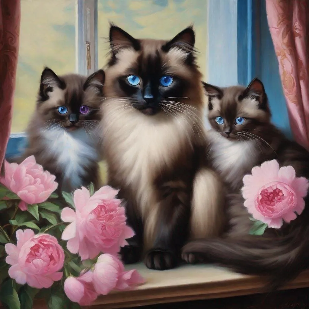 Prompt: Beautiful dark brown Birman blue eyes mother cat with three tiny kittens dark brown with blue eyes sitting in the window next to small pink peony flowers looking outside in the style of Rococo era portrait , oil painting, luxurious curtins.