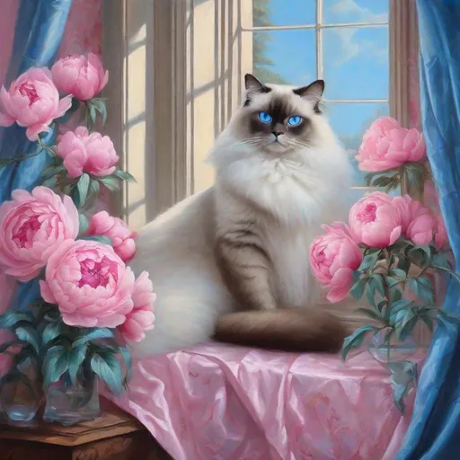 Prompt: Beautiful dark brown Birman blue eyes mother cat with 3 tiny kittens dark brown with blue eyes sitting in the window next to pink peony flowers looking outside in the style of Rococo era portrait, oil painting, luxurious pink blanket.