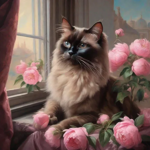 Prompt: Beautiful dark brown Birman mother cat with 3 tiny kittens sitting in the window next to pink peony flowers looking outside in the style of  Rococo era portrait , oil painting,luxurious clothing