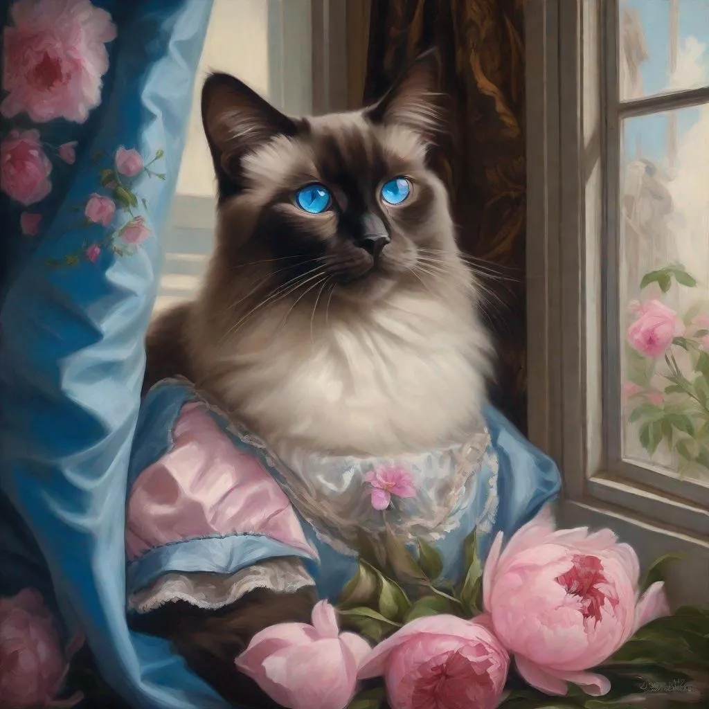 Prompt: Beautiful dark brown Birman blue eyes mother cat with 3 tiny kittens dark brown with blue eyes sitting in the window next to pink peony flowers looking outside in the style of Rococo era portrait of a woman, oil painting, luxurious clothing