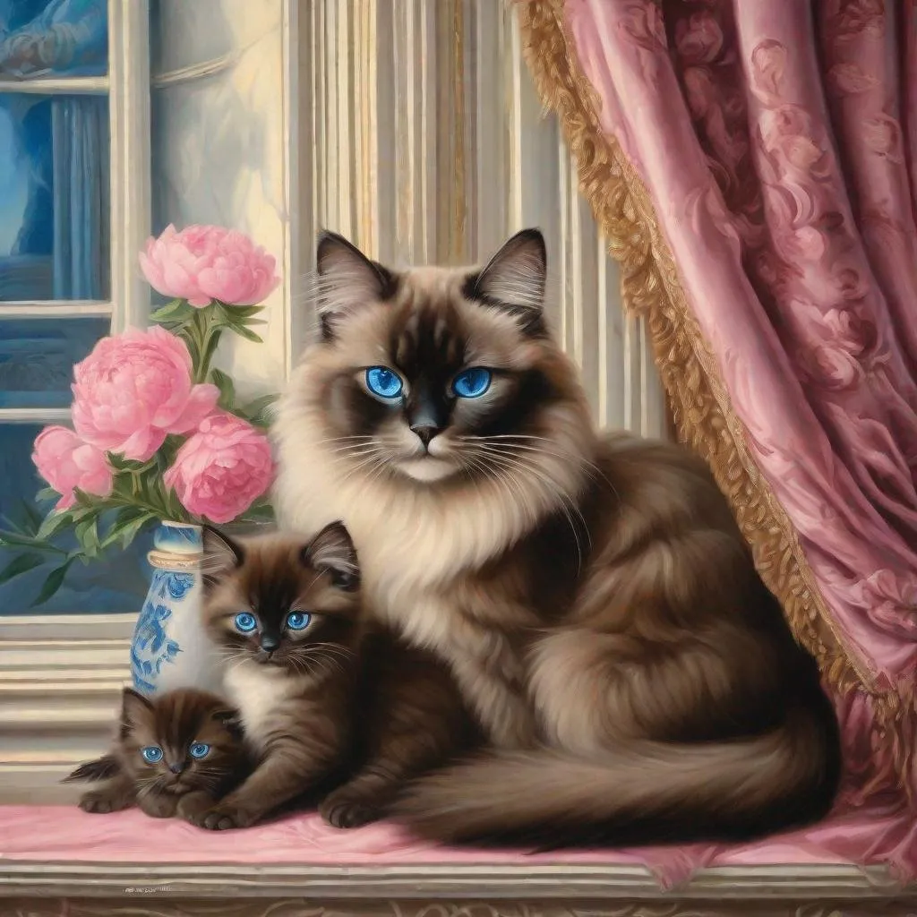 Prompt: Beautiful oil painting of a dark brown Birman mother cat with blue eyes and three tiny kittens, luxurious Rococo-style portrait, pink peony flowers, ornate window setting, detailed fur, exquisite facial features, intricate oil painting, high-res, portrait style, Rococo era, luxurious curtains, soft lighting, detailed eyes, ornate background, professional, warm tones