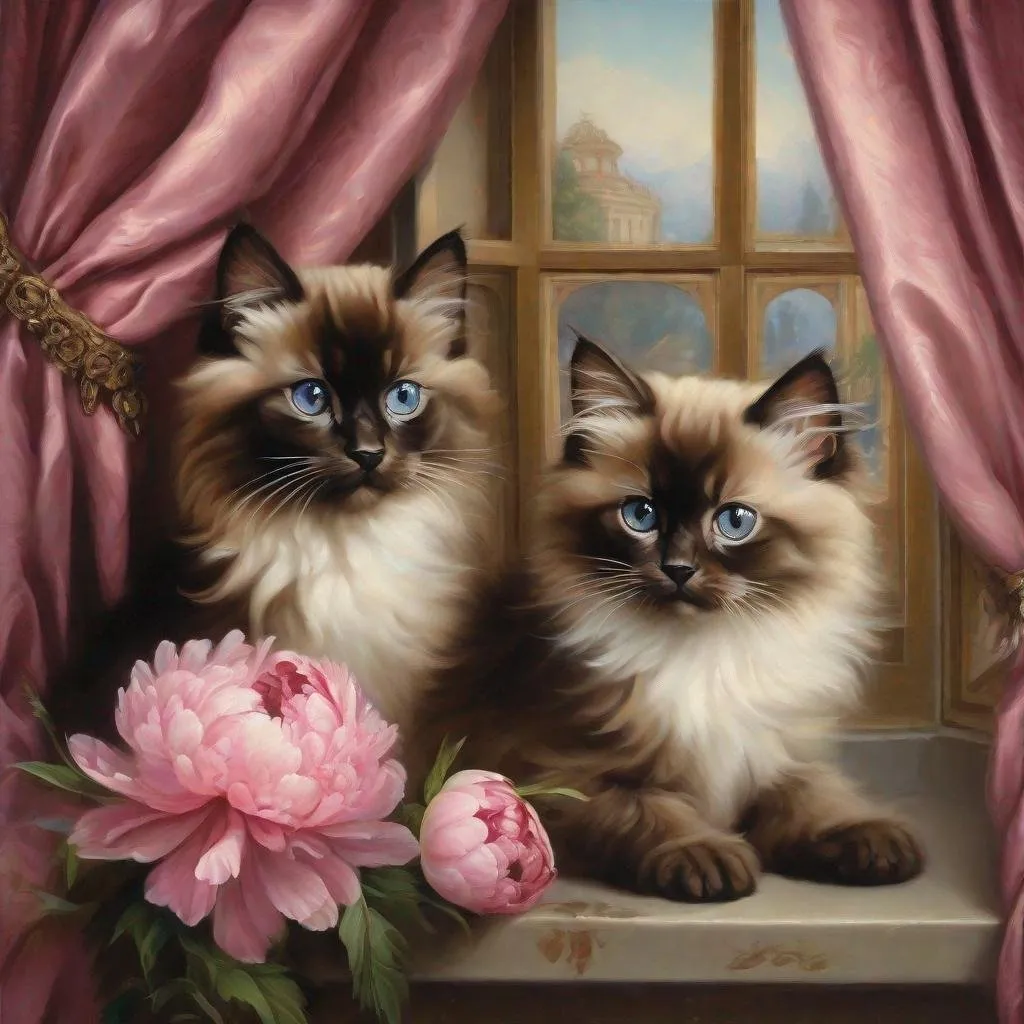 Prompt: Beautiful oil painting of a dark brown Birman three tiny kittens, luxurious Rococo-style portrait, pink peony flowers, ornate window setting, detailed fur, exquisite facial features, intricate oil painting, high-res, portrait style, Rococo era, luxurious curtains, soft lighting, detailed eyes, ornate background, professional, warm tones