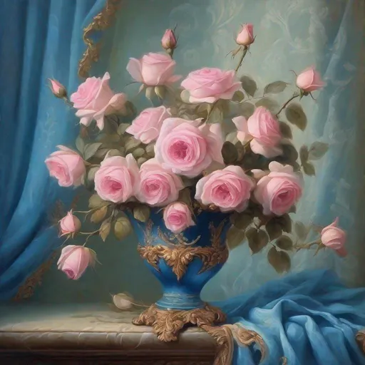 Prompt: Beautiful oil painting of pink roses in a blue vase, Rococo era, luxurious curtains, soft lighting, detailed, ornate blue background, professional.