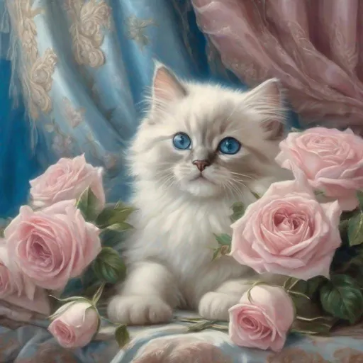 Prompt: Beautiful oil painting of pink roses and white baby breath flowers, with a Birman kitten, Rococo era, luxurious curtains, soft lighting, detailed, ornate blue background, professional.
