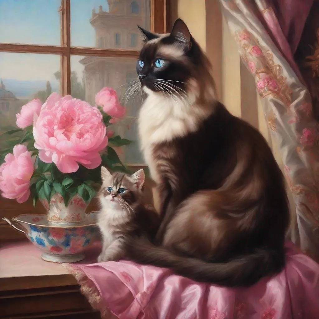 Prompt: Beautiful dark brown Birman mother cat with tiny kittens sitting in the window next to pink peony flowers looking outside in the style of  Rococo era portrait of a woman, oil painting, luxurious clothing