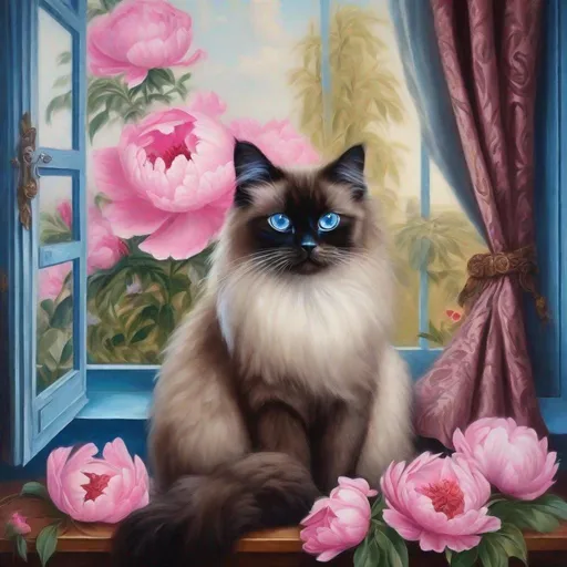 Prompt: Beautiful dark brown Birman blue eyes mother cat with three tiny kittens dark brown with blue eyes sitting in the window next to pink peony flowers looking outside in the style of Rococo era portrait , oil painting, luxurious curtins.