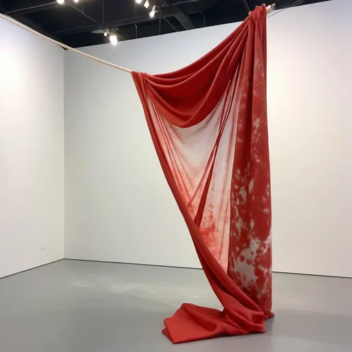 Prompt: Display model for my bleached draping fabric in art gallery space. Red fabric with bleached splotches 