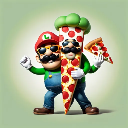 Prompt: Pizza slice with face ,sunglasses and arms and legs and Luigi hat and mustash and hugging Luigi 