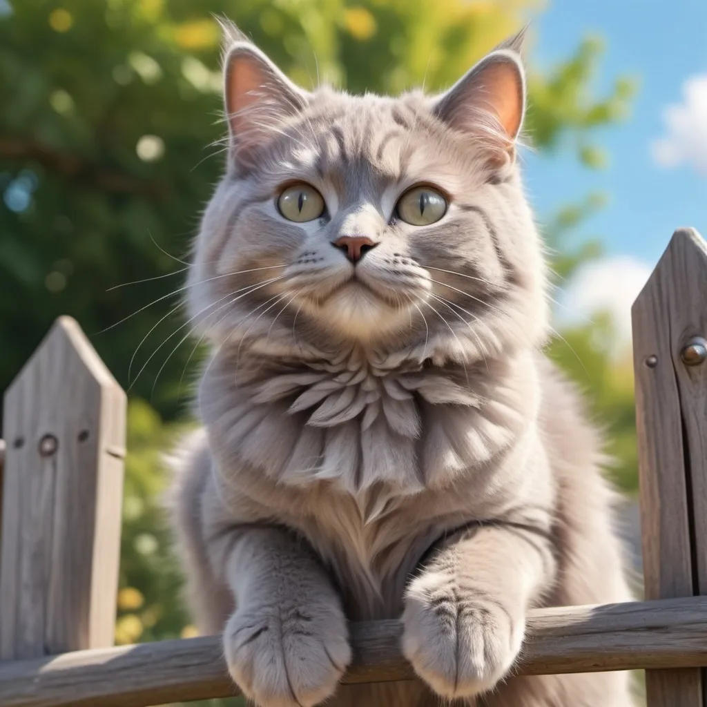 Prompt: a grey cat is sitting on a fence looking the sunny sky in a kawaii style