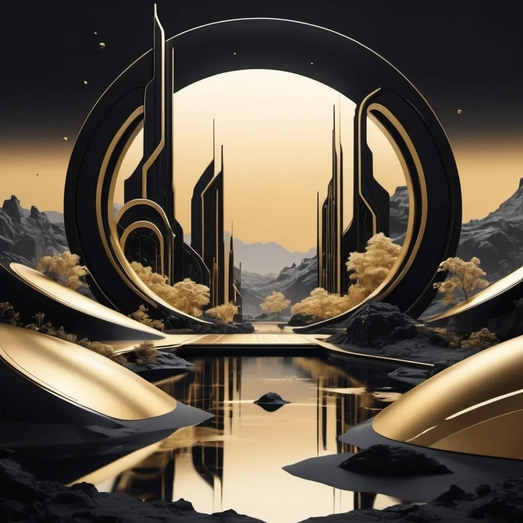 Prompt: futuristic landscape with a touch of victoria style using black and gold as basis