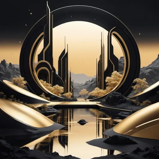 Prompt: futuristic landscape with a touch of victoria style using black and gold as basis