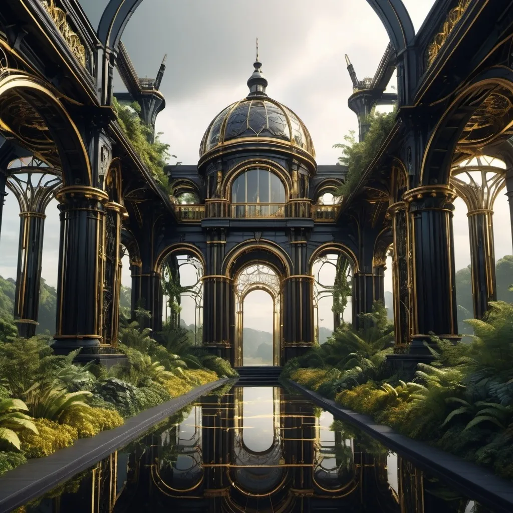 Prompt: futuristic landscape with a touch of victorian style using black and gold as basis