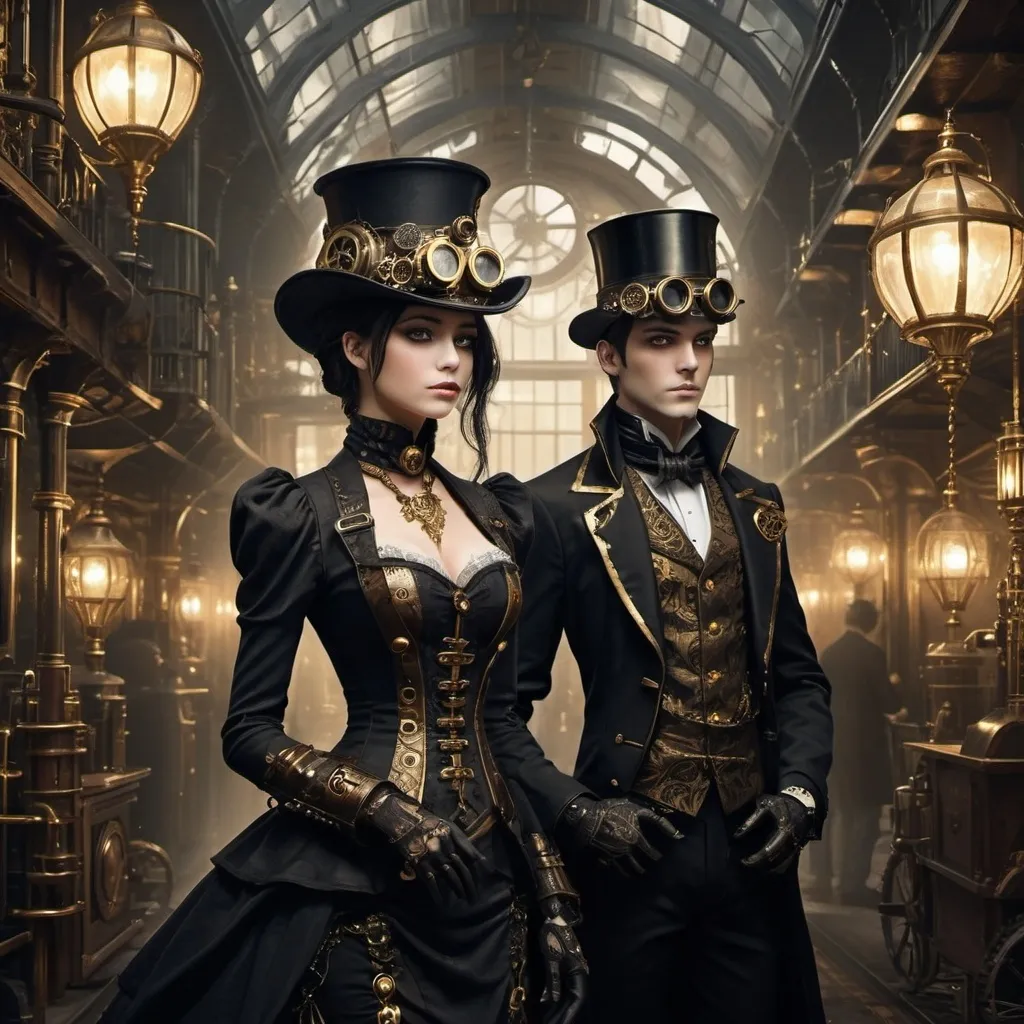 Prompt: Dark themed black and gold anime like ethereal steampunk characters