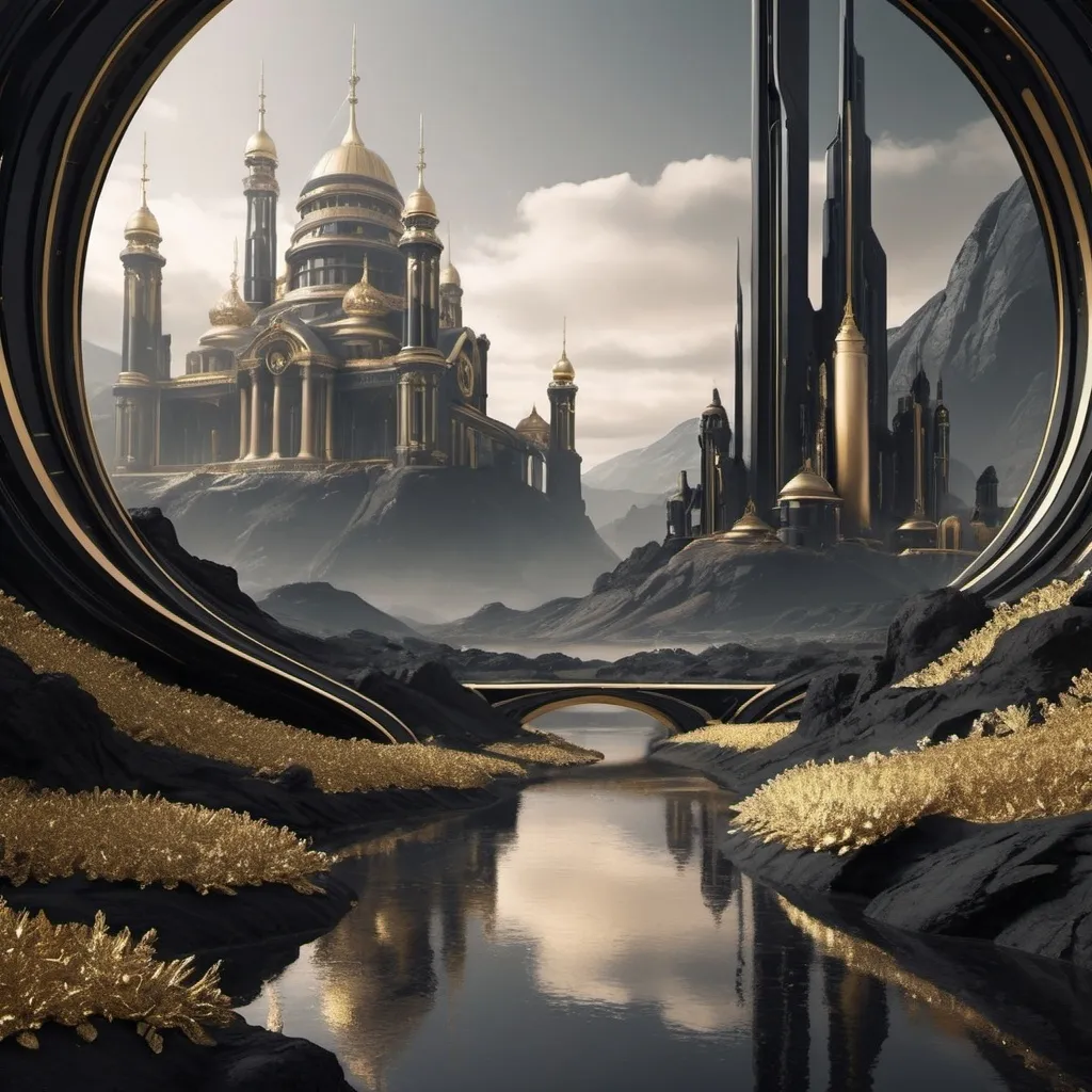 Prompt: futuristic landscape with a touch of victorian style using black and gold as basis