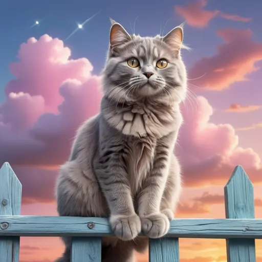 Prompt: a grey cat is sitting on a fence looking the sunny sky in a dream like futuristic kawaii style