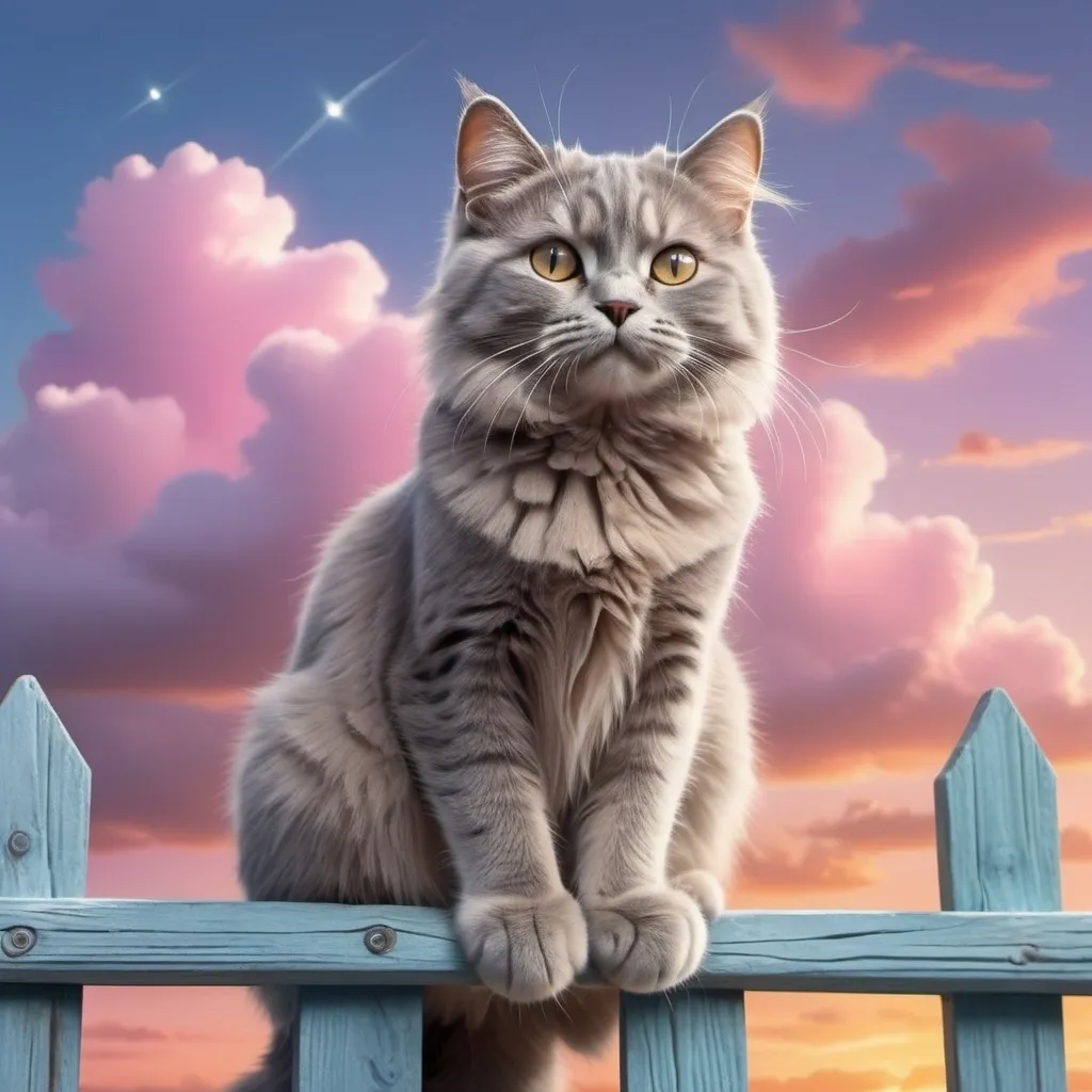 Prompt: a grey cat is sitting on a fence looking the sunny sky in a dream like futuristic kawaii style