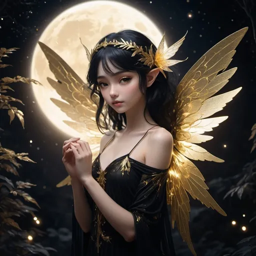 Prompt: Dark themed black and gold anime like ethereal llight fairy with moon