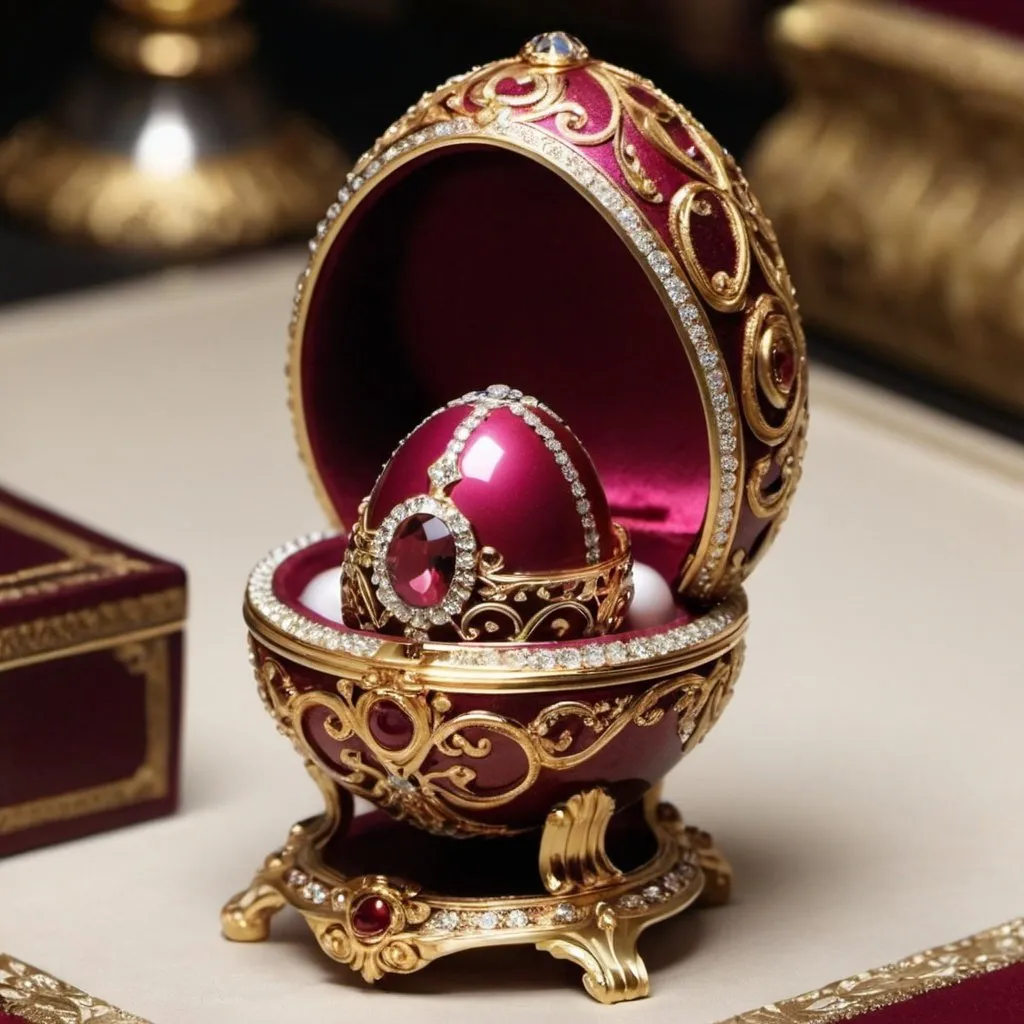 Prompt: create a creative and decorative  opened Faberge eggs with diamond ring inside, Crystal, gold, rubies, stones, diamonds, ornamental, decorative