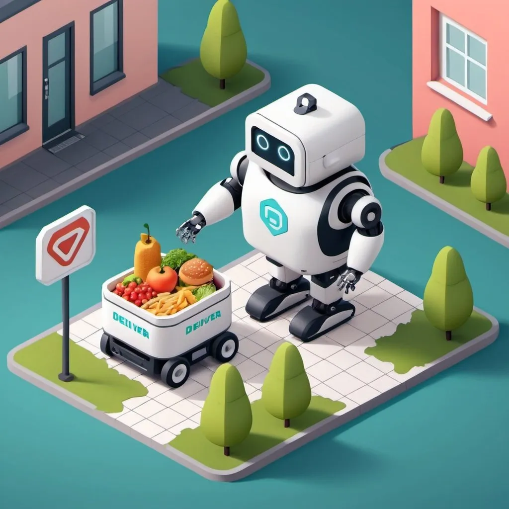 Prompt: isometric illustration for online food order and robot deliver food. 3d, semi ralistic, chubby, cute, isometric, isometric grid