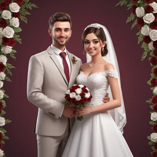 Prompt: newly married couples, Full view, marriage, beautiful couple, 3d realistic style, adorable expression, maroon color, plain background, transparent, PNG

