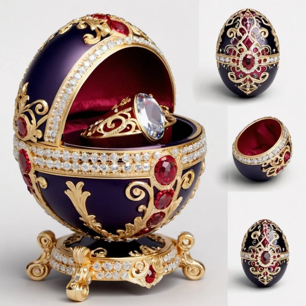 Prompt: create a creative and decorative  opened Faberge eggs with diamond ring inside, Crystal, gold, rubies, stones, diamonds, ornamental, decorative