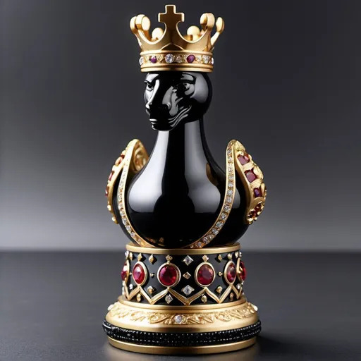 Prompt: create a creative and decorative  black luxury chess king peice in  Faberge style with gold ornamental design, Crystal, gold, rubies, stones, diamonds, ornamental, decorative