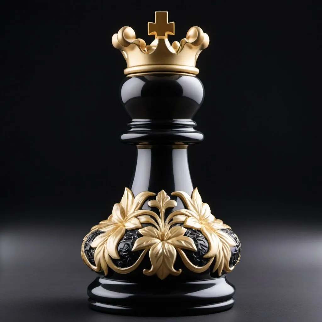 Prompt: create a creative and decorative  black luxury chess king piece in  gold floral ornamental design, decorative