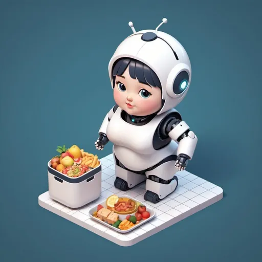 Prompt: isometric illustration for  robot deliver food. Cute chubby girl receive food. 3d, semi ralistic, chubby, cute, isometric, isometric grid