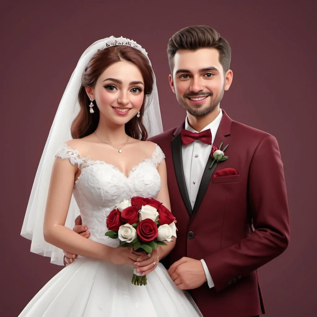 Prompt: newly married couples, Full view, marriage, beautiful couple, 3d realistic style, adorable expression, maroon color, plain background, transparent, PNG

