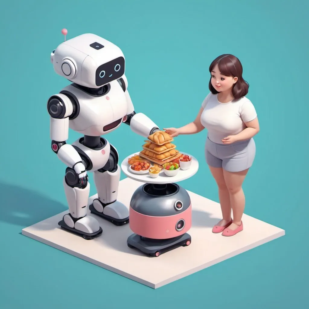 Prompt: isometric illustration . Cute chubby girl receive food dlivering by cute robot. 3d, semi ralistic, chubby, cute, isometric, isometric grid