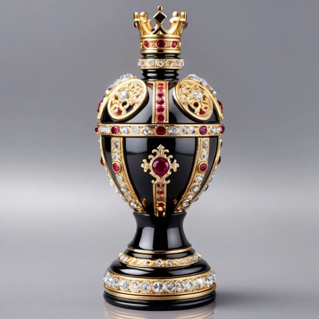 Prompt: create a creative and decorative  black luxury chess king peice in  Faberge style with gold ornamental design, Crystal, gold, rubies, stones, diamonds, ornamental, decorative