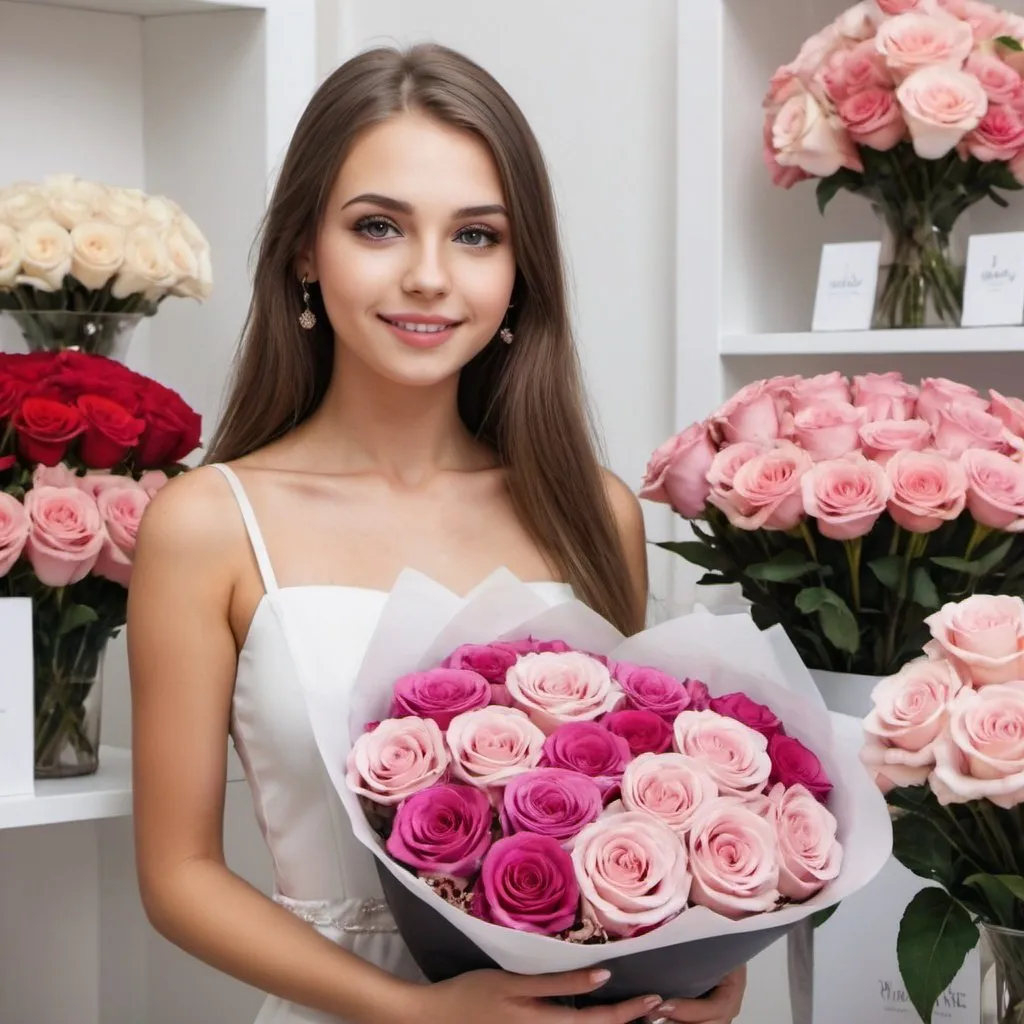 Prompt: girl with luxury floral boutique, real girl, beautiful flowers, gift