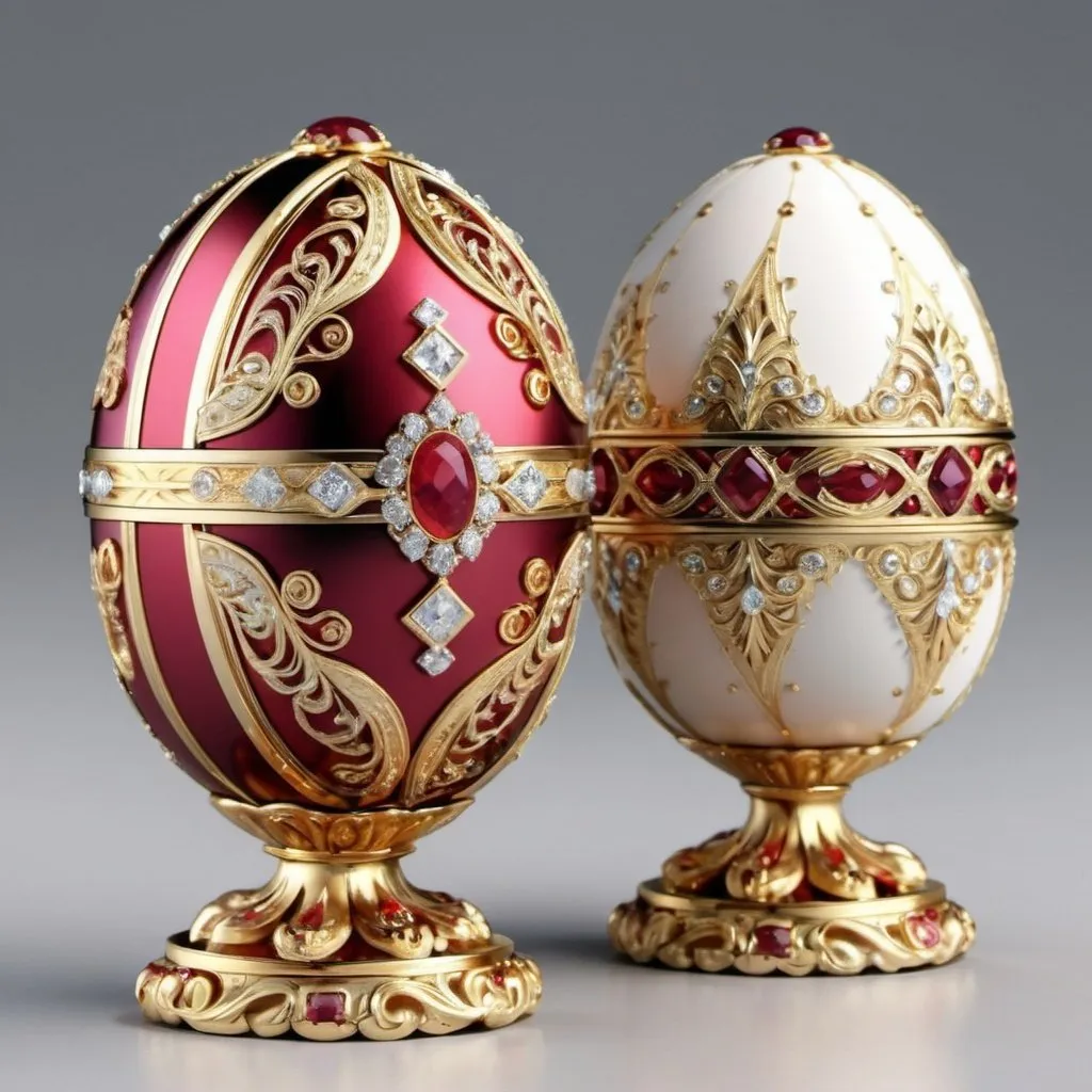 Prompt: create a creative and decorative Faberge eggs for product presentation, gold, rubies, stones, diamonds, ornamental, decorative