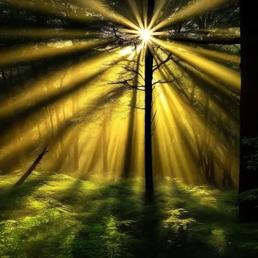 Prompt: sunrays shining down in a beautiful forest scene

