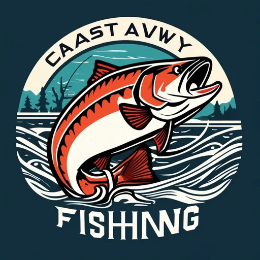 Prompt: River fishing salmon logo with title "cast away fishing "