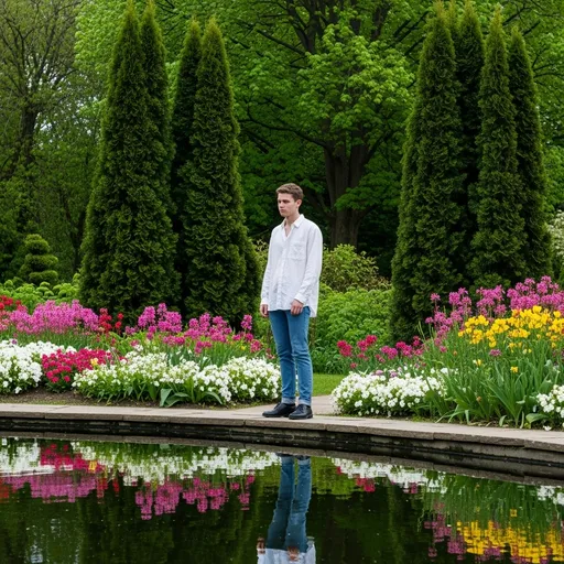 Prompt: Standing pensively by a serene, reflective pond, a young man dressed in a loose-fitting white shirt and fitted blue jeans captures attention amidst a vibrant garden. His black shoes contrast with the soft hues of the blooming flowers that border the water, creating a colorful spectacle of petals in white, pink, and yellow. Towering, lush green trees loom behind him, framing the scene and suggesting a tranquil outdoor setting, possibly in spring or summer. The clarity of the water mirrors both the greenery and the young man's contemplative expression, evoking a peaceful, leisurely atmosphere. The overall composition highlights the harmony between the subject and nature, blending effortless style with the serene beauty of the environment.